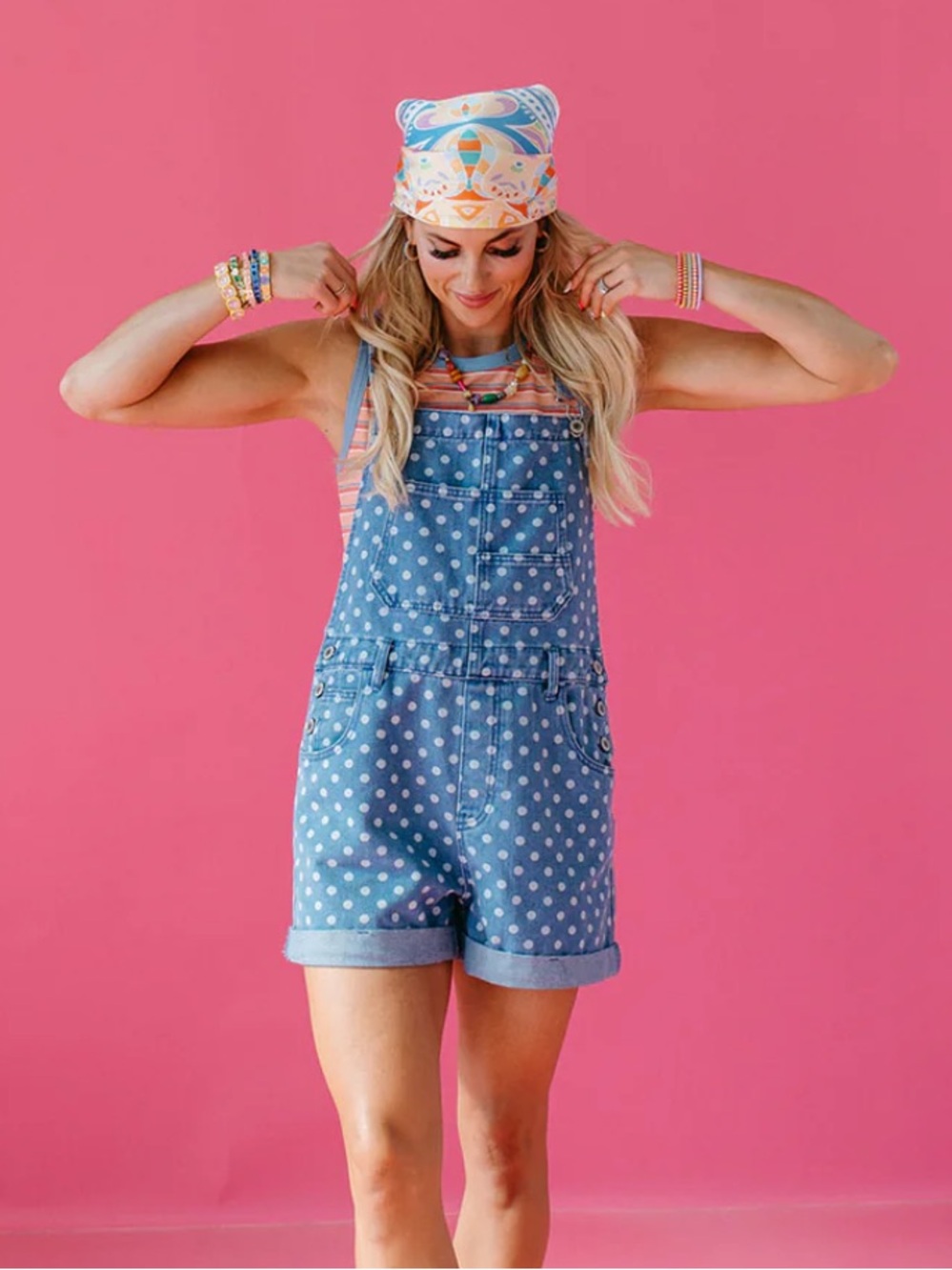 Peach love Denim Polka Dot Short Overalls - Blue